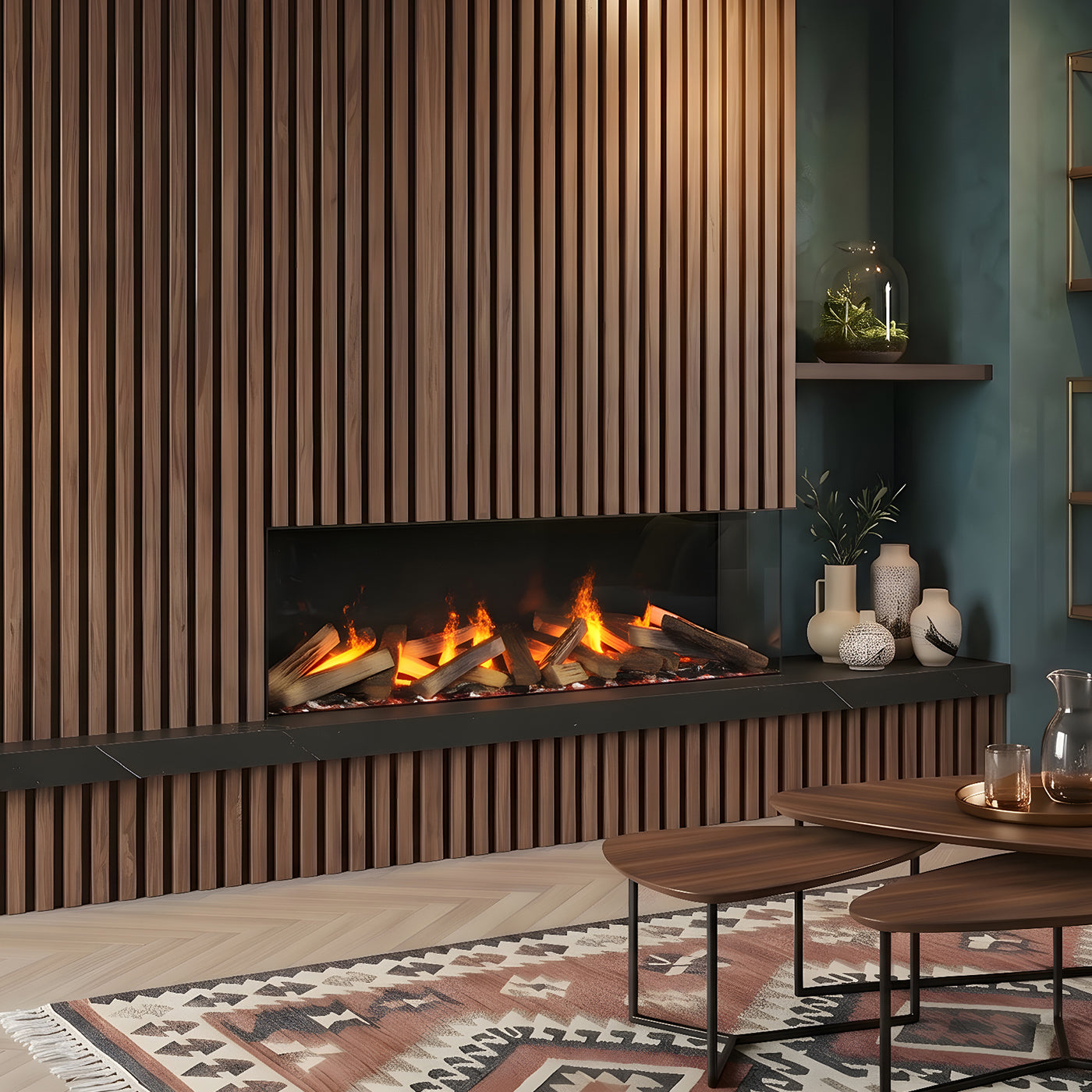 Dimplex e-MatriX 1300/400 II Hoek in moderne woonkamer met ingebouwde haard