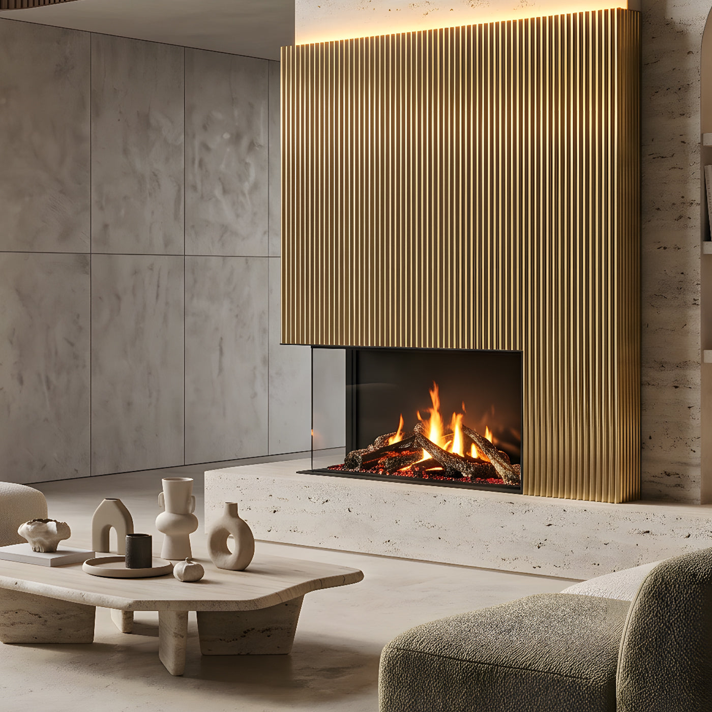 Dimplex e-MatriX 800/500 II Hoek in moderne woonkamer met brandend haardvuur