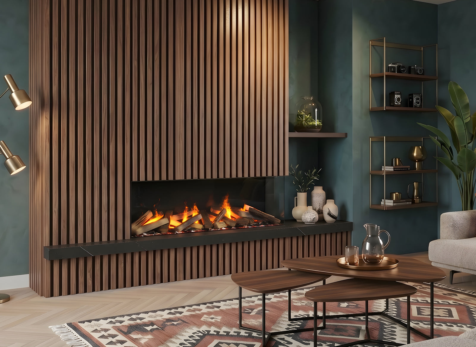 Dimplex e-MatriX 1300/400 II Hoek ingebouwd in moderne woonkamer met vlammen