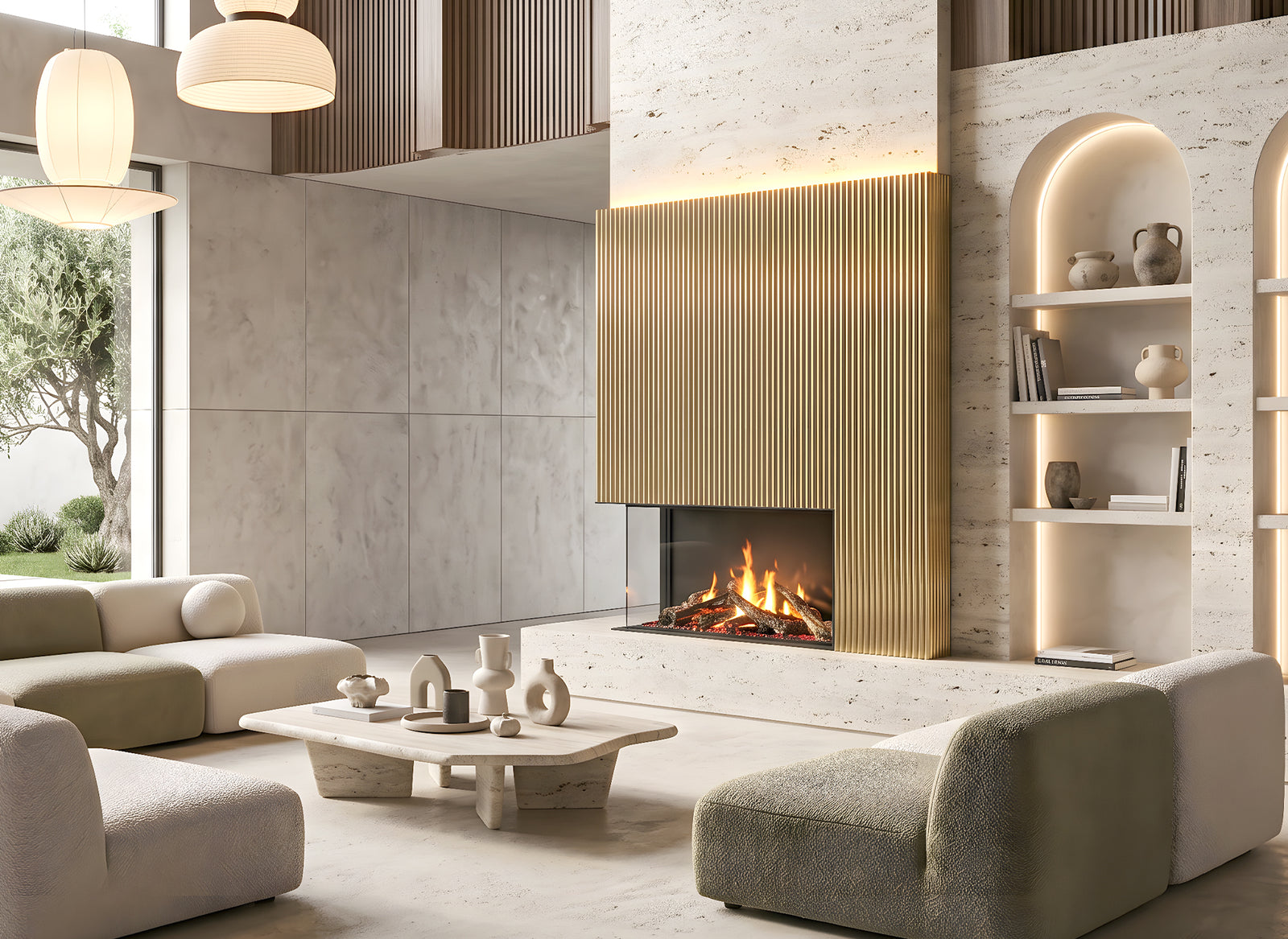 Dimplex e-MatriX 800/500 II Hoek in moderne woonkamer met brandend haardvuur