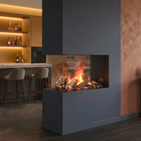 Dimplex e-MatriX 800/500 RD in moderne keuken, ingebouwd met zicht op vlammen