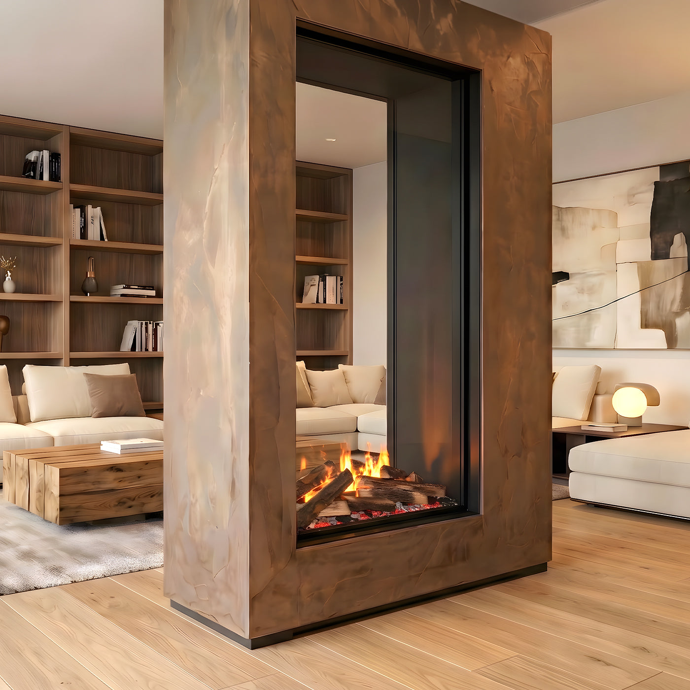 Dimplex e-matrix Vertical 800/1600 ST in moderne woonkamer met vlammen