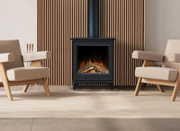 Element4 Ignis Supreme haard in moderne woonkamer met twee fauteuils