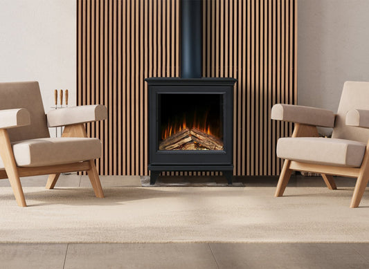 Element4 Ignis Supreme haard in moderne woonkamer met twee fauteuils