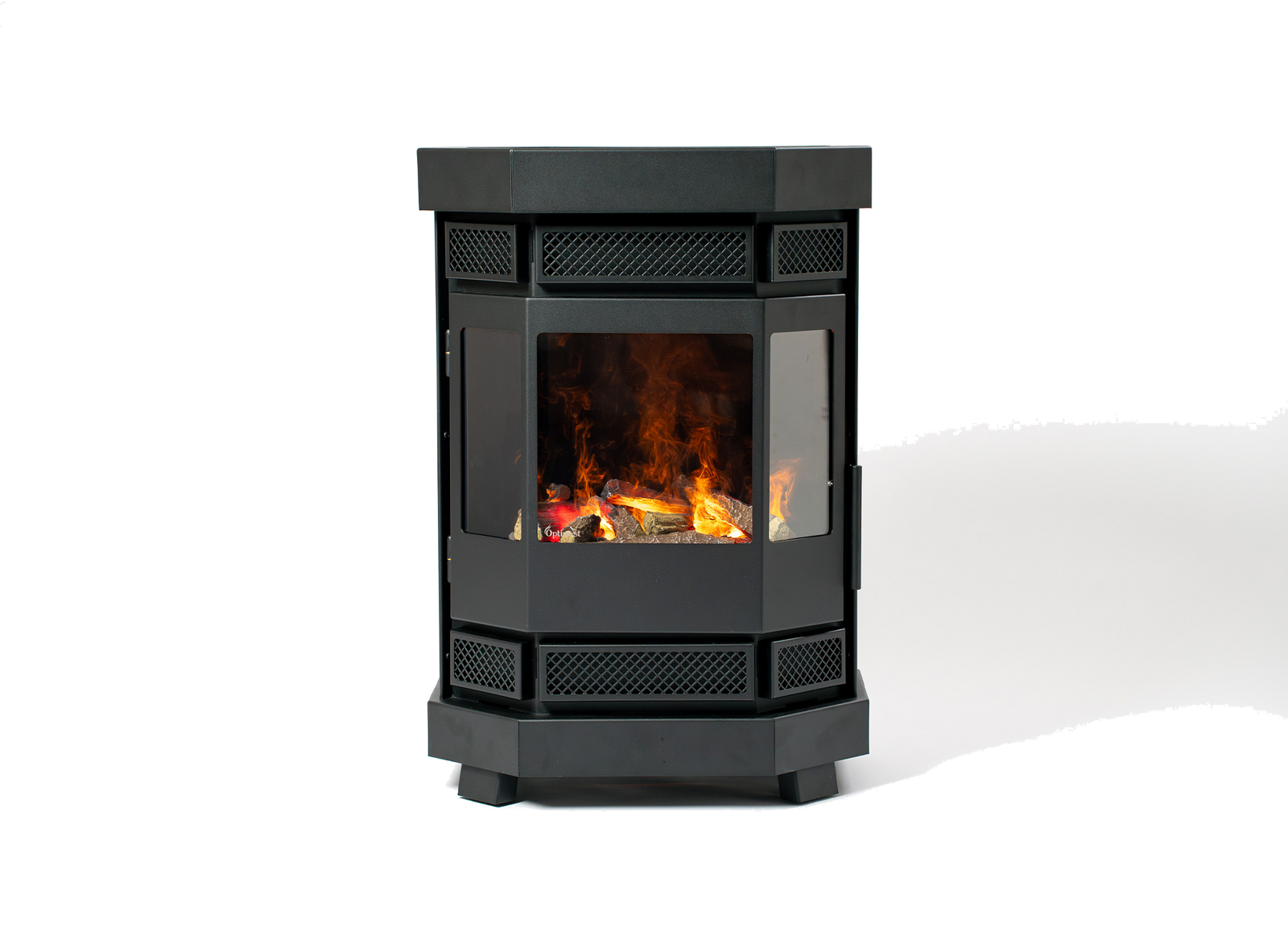 Duroflame Batavia E400 houtkachel met zichtbare vlammen op witte achtergrond