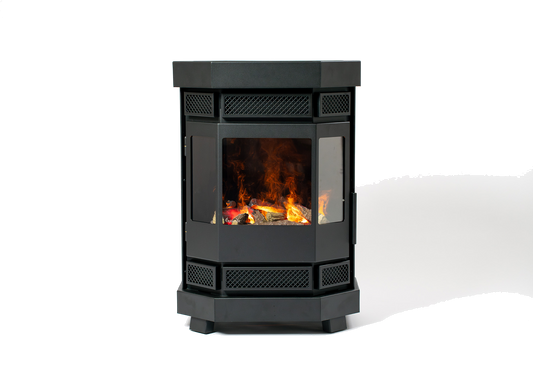 Duroflame Batavia E400 houtkachel met zichtbare vlammen op witte achtergrond