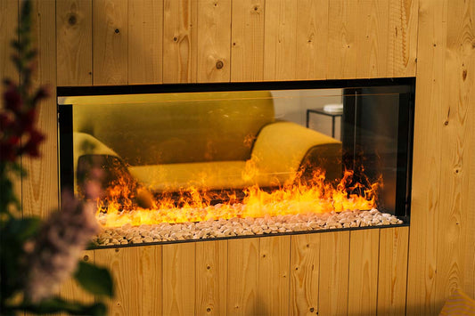 Faber e-BoX 1000/450 Doorkijkhaard in houten wand met vlammen