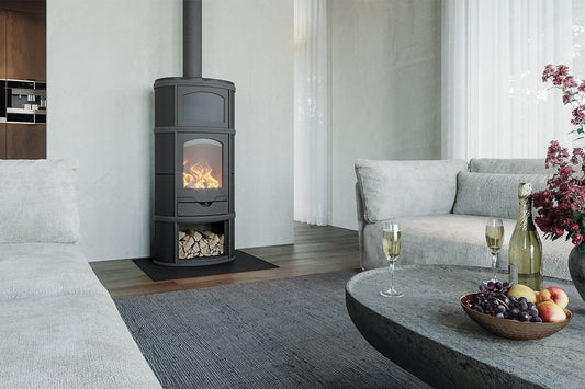 Altech Eclips Complet houtkachel in moderne woonkamer met brandend vuur