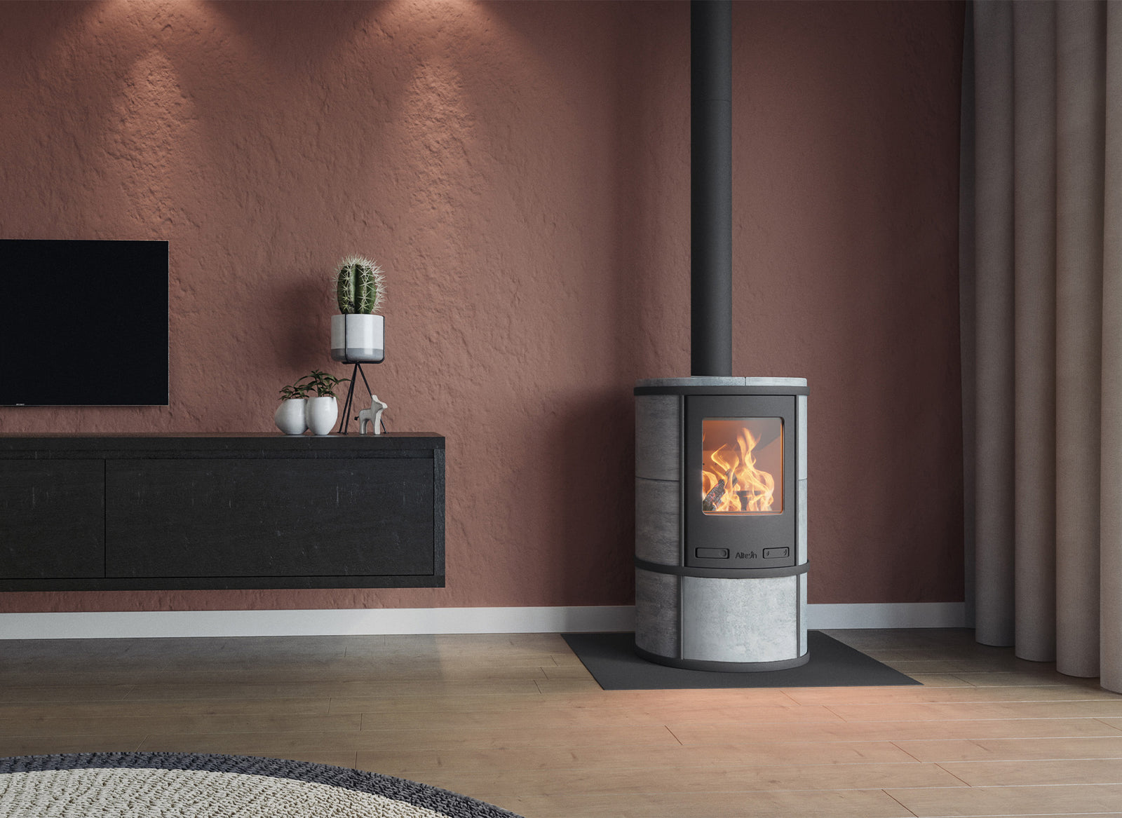 Altech Ecosy Depot Hybride-e kachel in moderne woonkamer met brandend vuur
