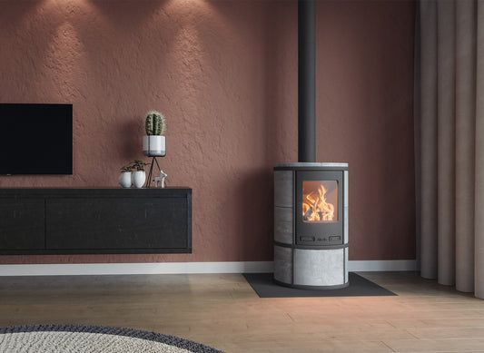 Altech Ecosy Depot Hybride-e kachel in moderne woonkamer met brandend vuur