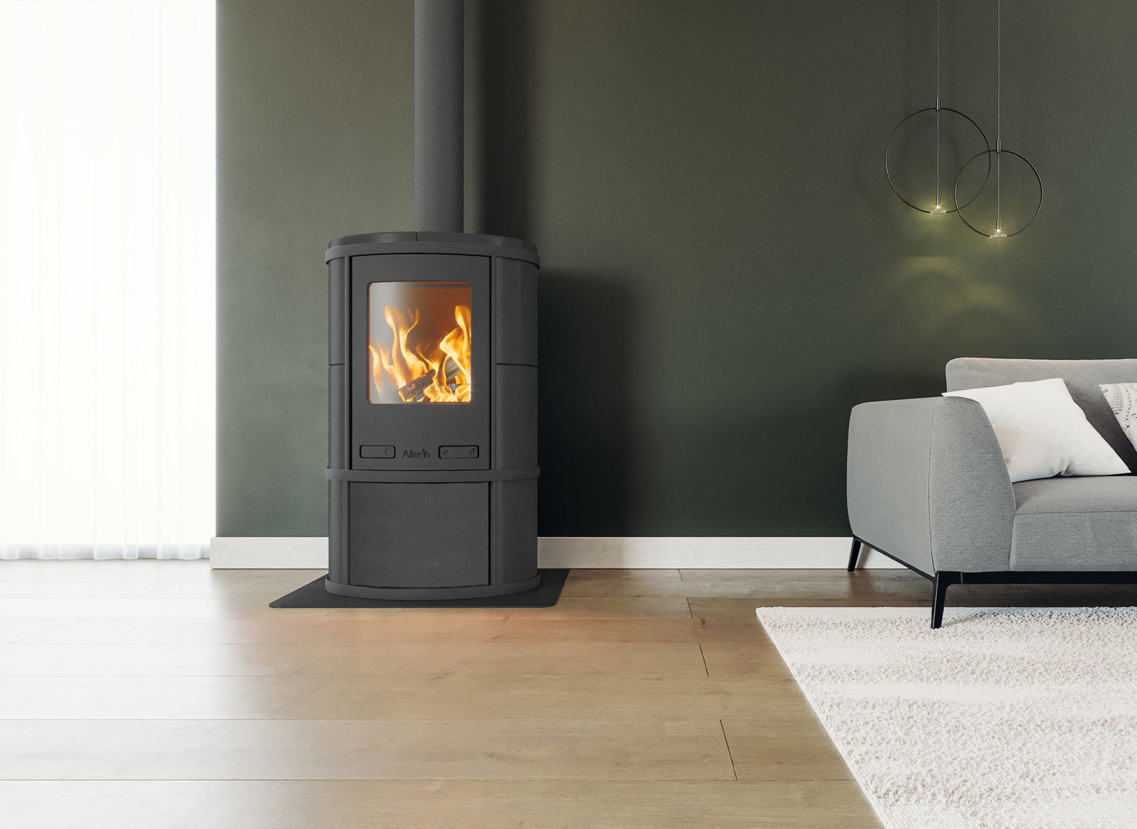 Altech Ecosy Depot Hybride-e houtkachel in moderne woonkamer