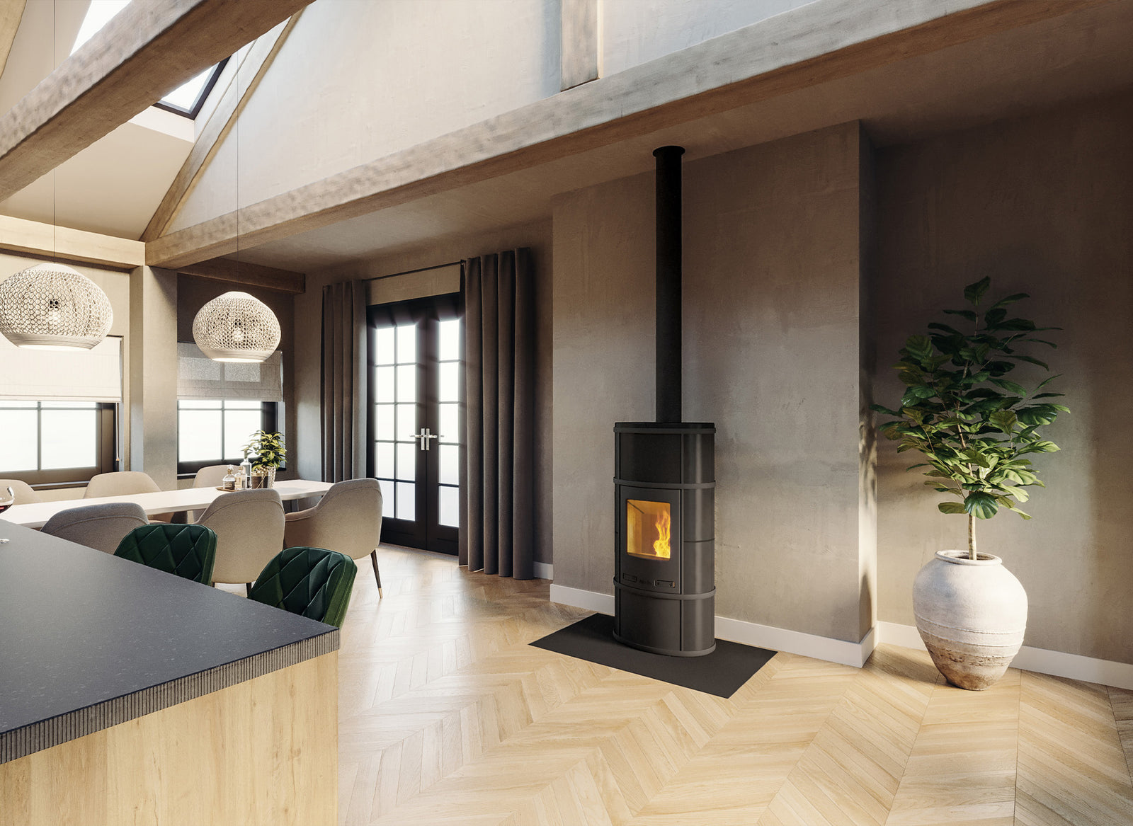 Altech Ecosy Plus pelletkachel in moderne woonkamer met brandend vuur