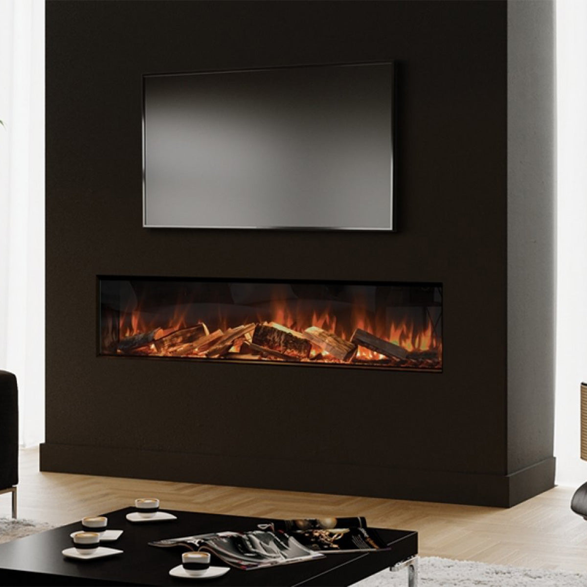 Element4 Elite 180 haard in moderne woonkamer met brandend vuur