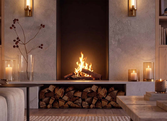 Element4 Sky Large Front Bio brandt in een sfeervolle woonkamer, met kaarsen en houtblokken eromheen.