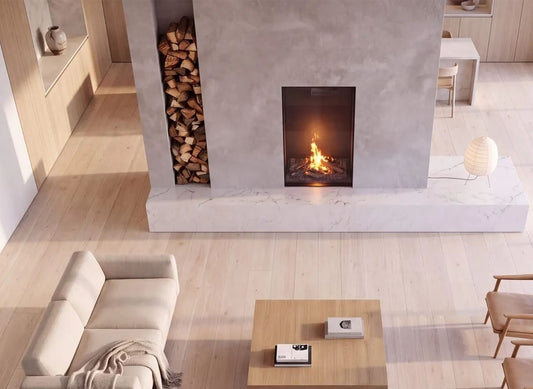 Element4 Sky Medium Front Bio brandt in moderne woonkamer met houtnis en lichte meubels.