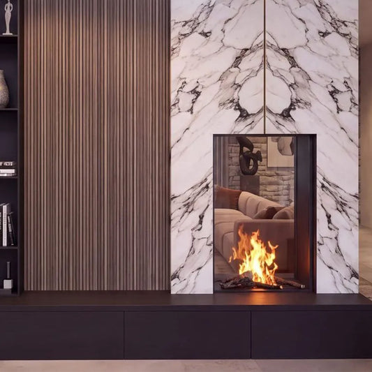 Element4 Sky Medium Tunnel Bio ingebouwd in marmeren wand met vuur, in modern interieur