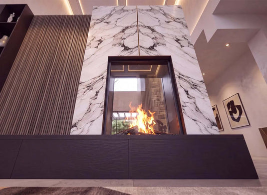 Element4 Sky Medium Tunnel Bio-haard met vuur, ingebouwd in marmeren wand in modern interieur
