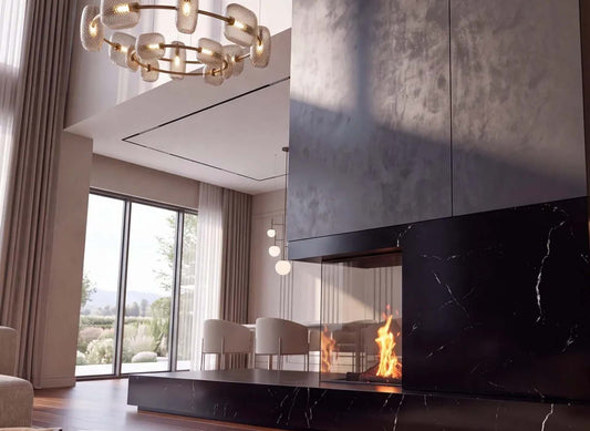 Element4 Sky Small Roomdivider Bio brandt als roomdivider in een moderne woonkamer.