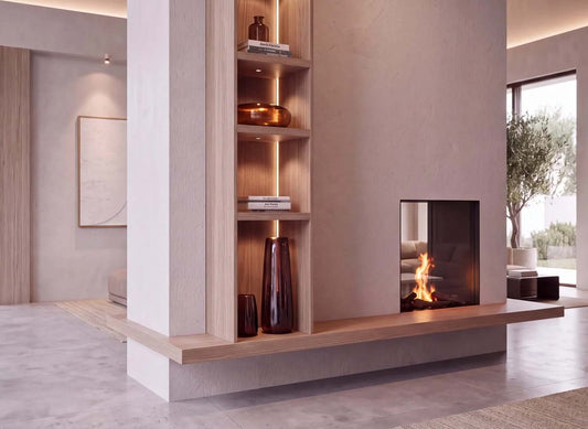 Element4 Sky Small Tunnel Bio ingebouwd in een moderne woonkamer, met brandend vuur.
