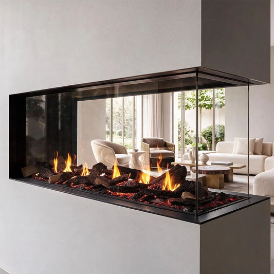 Element4 Summum 140 Roomdivider Bio met vlammen, ingebouwd tussen twee woonruimtes.