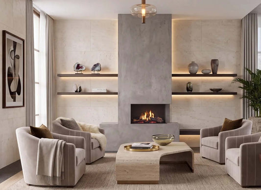 Element4 Summum 70 hoek Bio-haard brandend in moderne woonkamer met zitmeubels en wandkasten