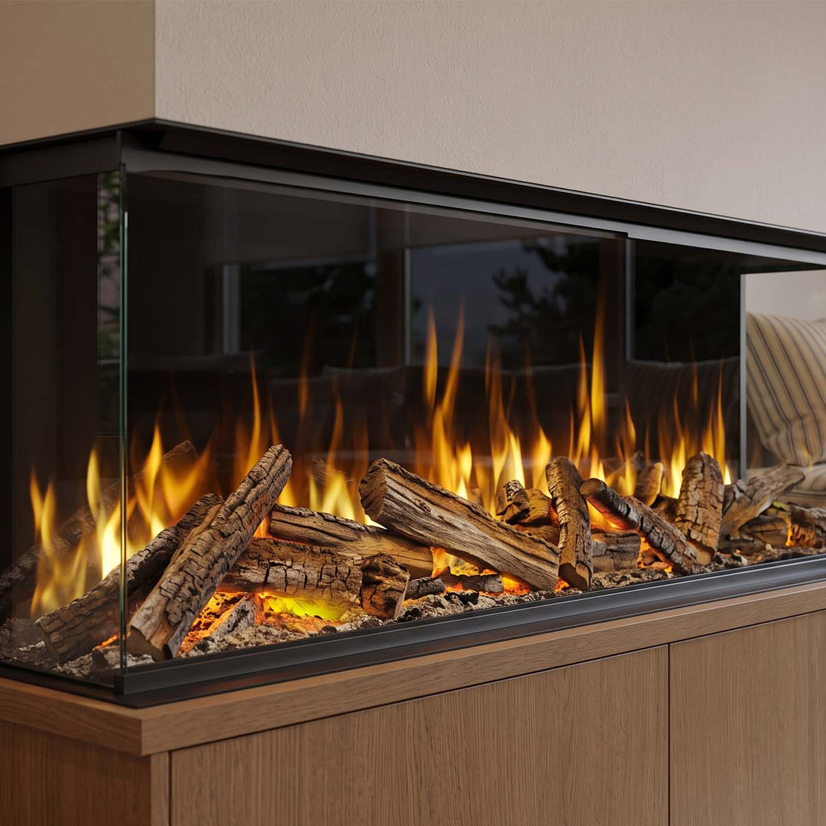 Element4 Volta 125 haard met vlammen en houtblokken, ingebouwd in een houten wandmeubel