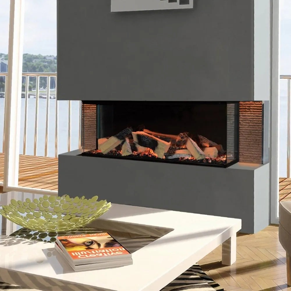 Element4 Club 100 E front elektrische haard in een moderne woonkamer met uitzicht op een balkon.