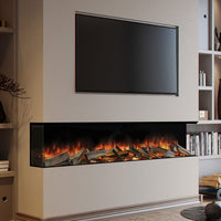 Element4 Elite 240 E Supreme in een moderne woonkamer, brede inbouwhaard met vlammen en houtblokken
