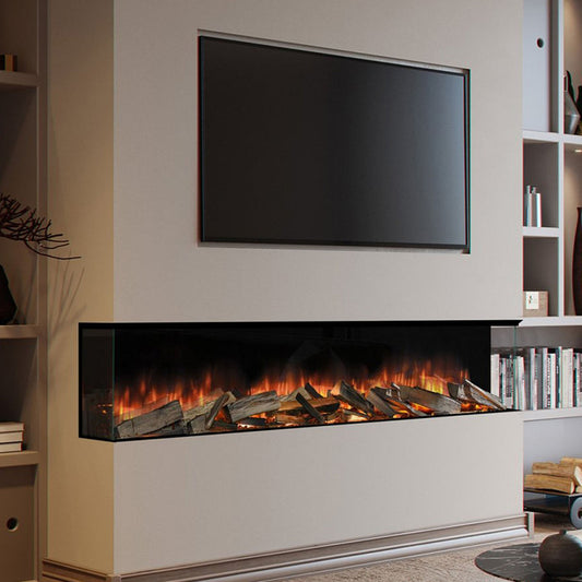 Element4 Elite 240 E Supreme in een moderne woonkamer, brede inbouwhaard met vlammen en houtblokken