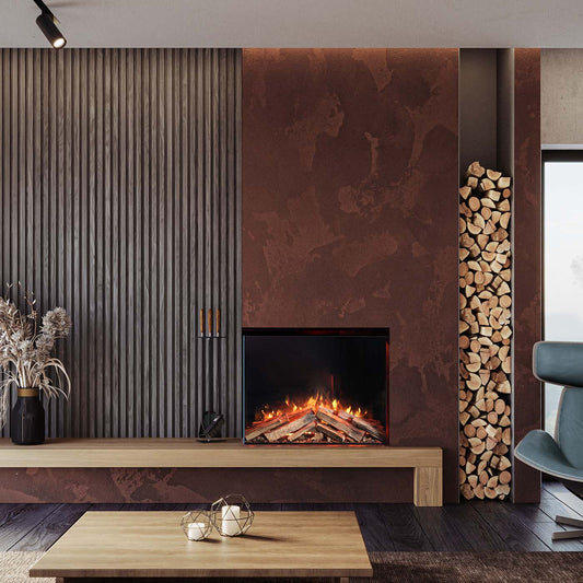 Element4 Elite 80 H e Supreme haard met brandend vuur in een moderne woonkamer