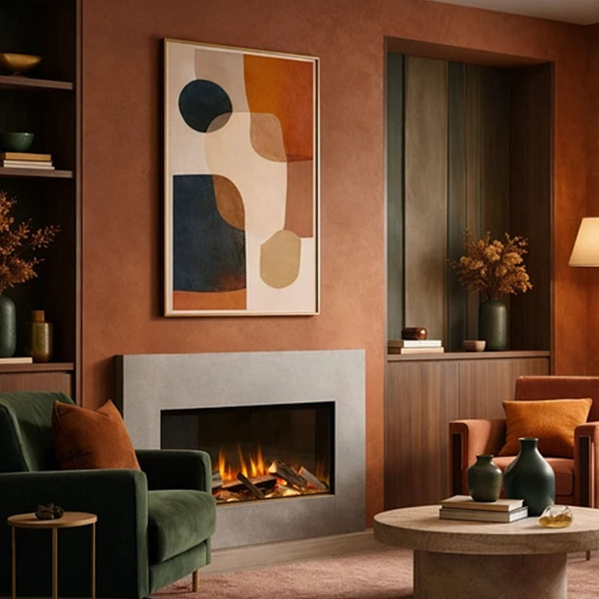 Element4 Elite 85 E Supreme in een sfeervolle woonkamer met brandend vuur
