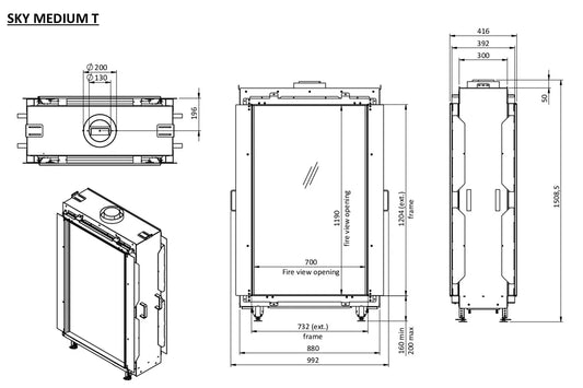 Technische tekening van Element4 Sky Medium Tunnel Bio met gedetailleerde afmetingen en specificaties.