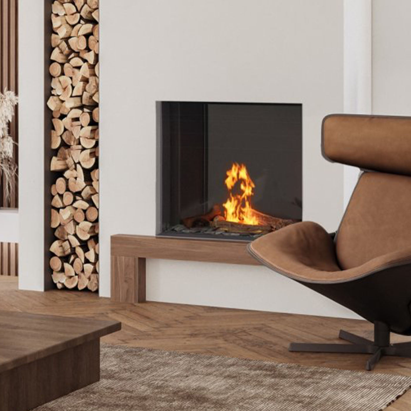 Element4 Sky Square Front Bio in moderne woonkamer met ingebouwde haard