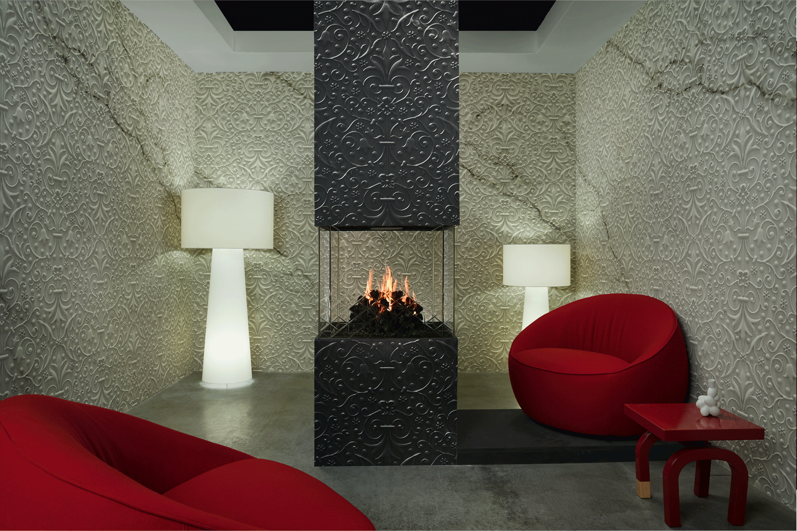 Element4 Architect Series in stijlvolle woonkamer met decoratieve wanden en brandend vuur