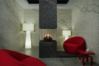 Element4 Architect Series in stijlvolle woonkamer met decoratieve wanden en brandend vuur