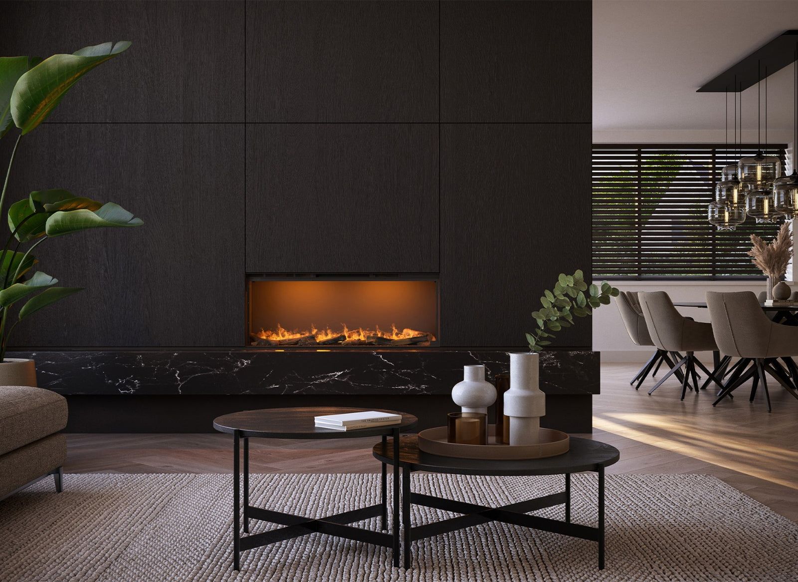 Faber e-Slim Linear 1200/450 l ingebouwd in moderne woonkamer met vlammen