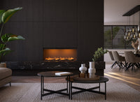 Faber e-Slim Linear 1200/450 l ingebouwd in moderne woonkamer met vlammen