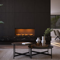Faber e-Slim Linear 1200/450 l in moderne woonkamer met inbouwhaard