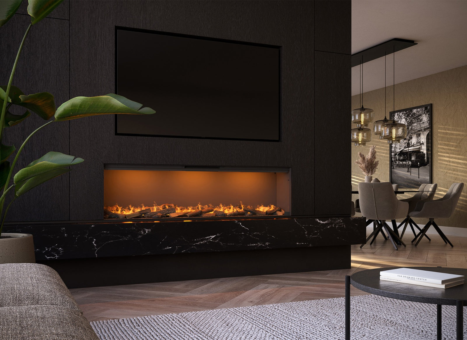 Faber e-Slim Linear 1700/450 l ingebouwd in stijlvolle woonkamer met vlammen