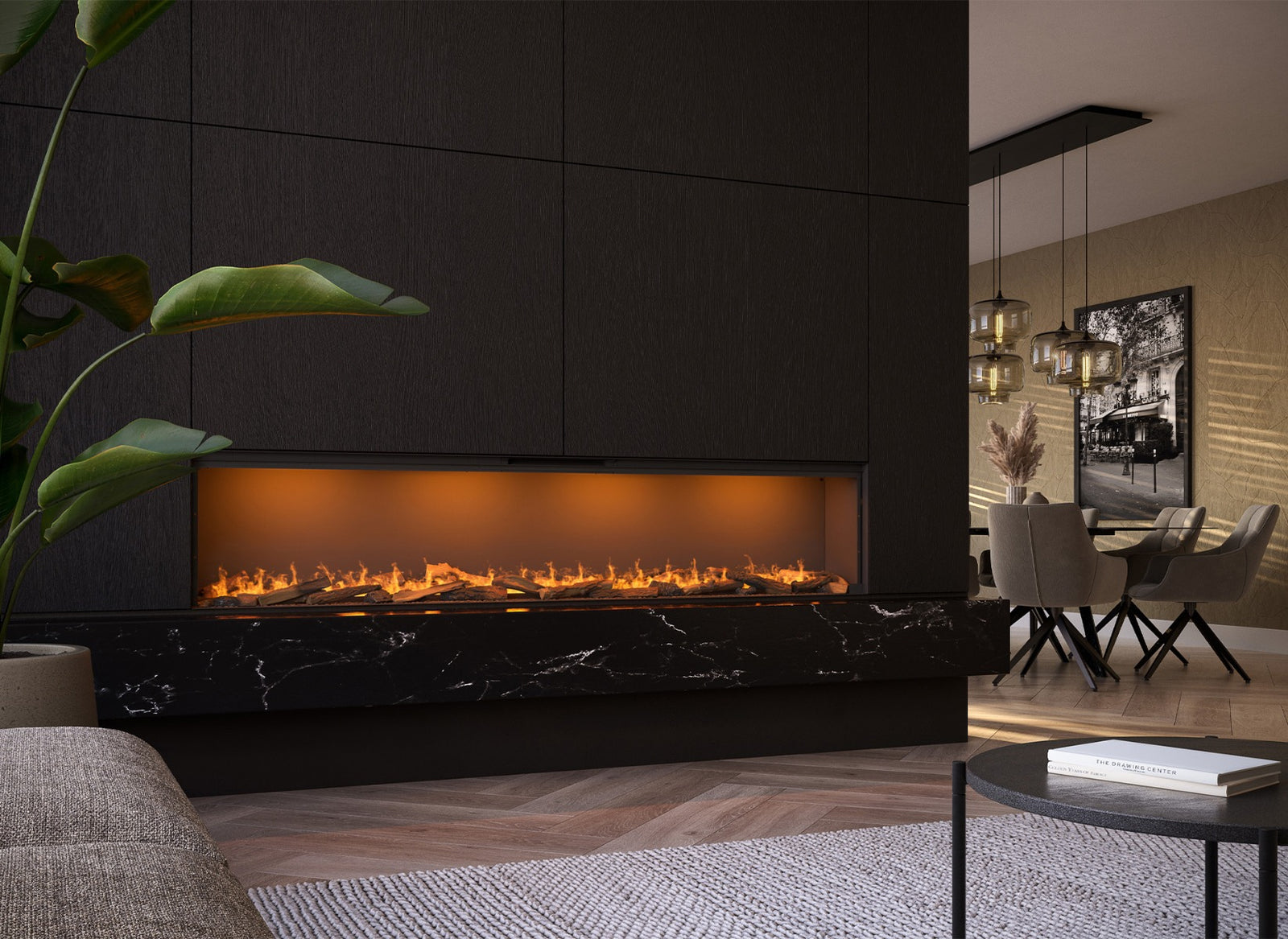 Faber e-Slim Linear 2200/450 l ingebouwde haard in moderne woonkamer