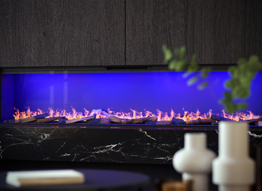 Faber e-Slim Linear 2200/450 l in moderne woonkamer met brede vlammen