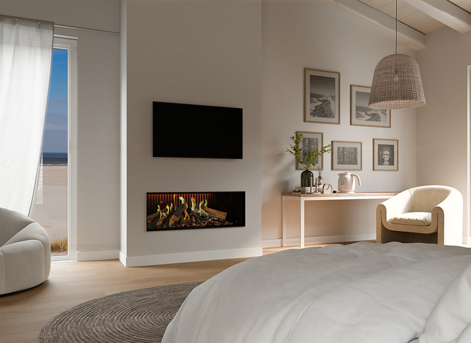 DRU Virtuo 100 Evolve in moderne slaapkamer met ingebouwde haard