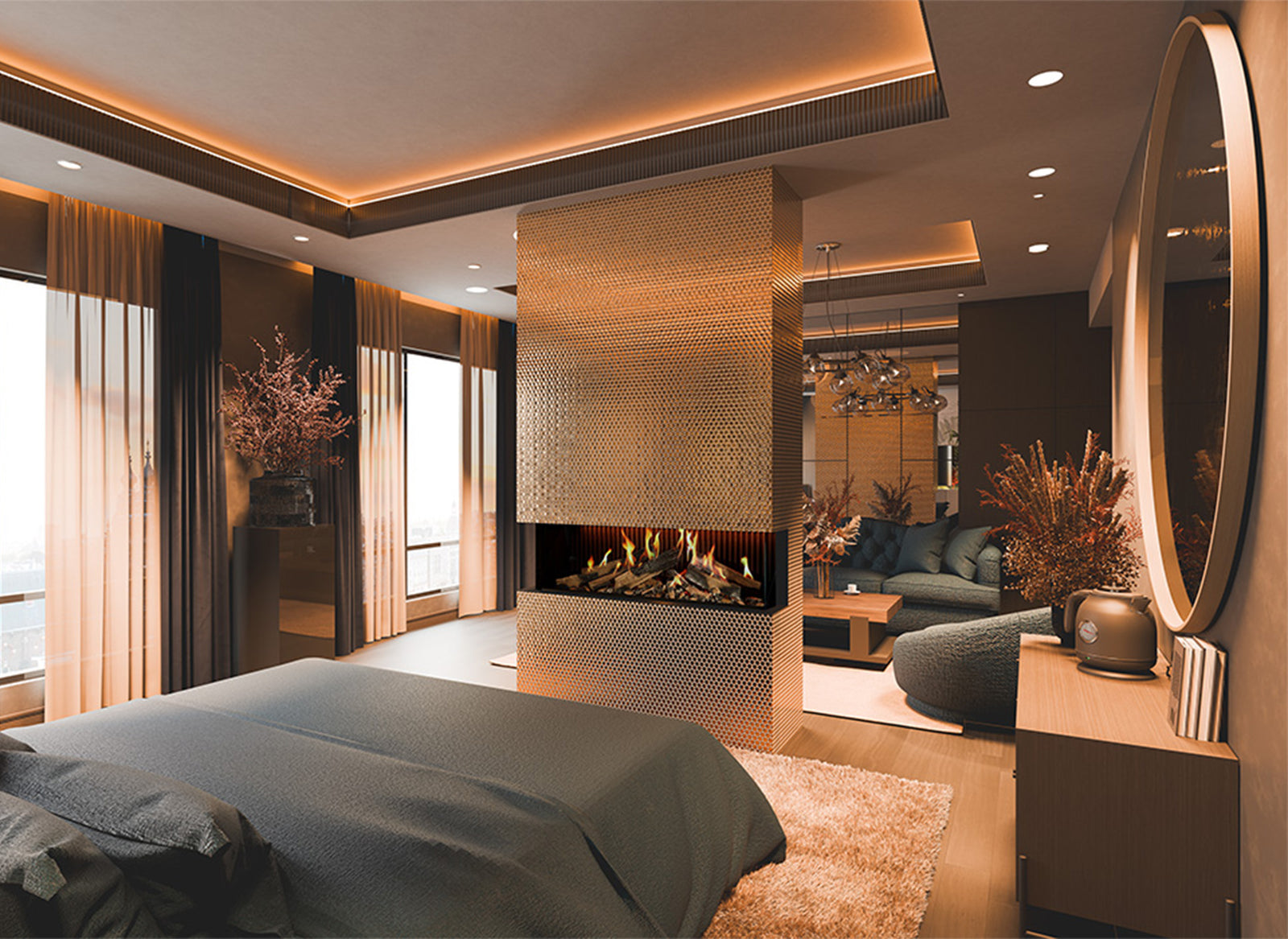DRU Virtuo 130/3 Evolve in luxe slaapkamer met open haard