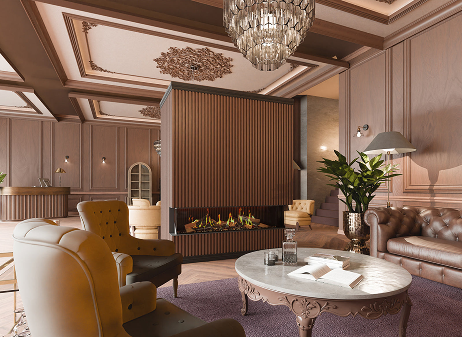 DRU Virtuo 180/3 Evolve ingebouwd in luxe woonkamer met brandend haardvuur