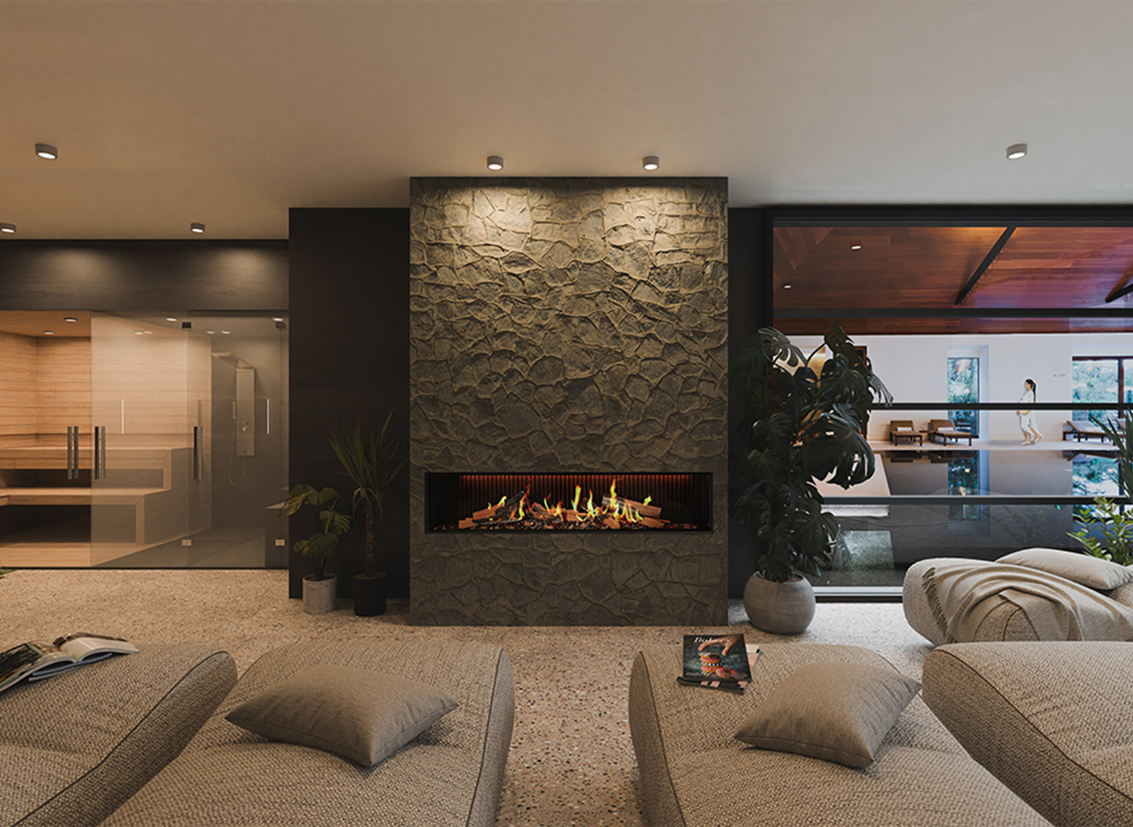 DRU Virtuo 180 Evolve in moderne woonkamerwand met vlambeeld