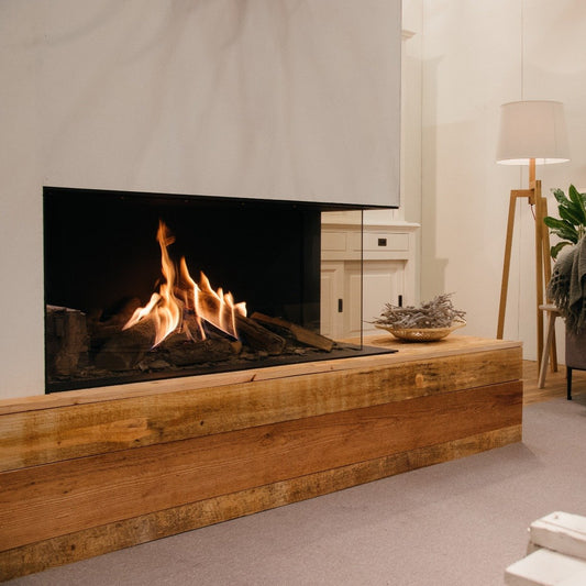 Faber Matrix 1050/500 II Hoek in moderne woonkamer met brandend hoekhaard