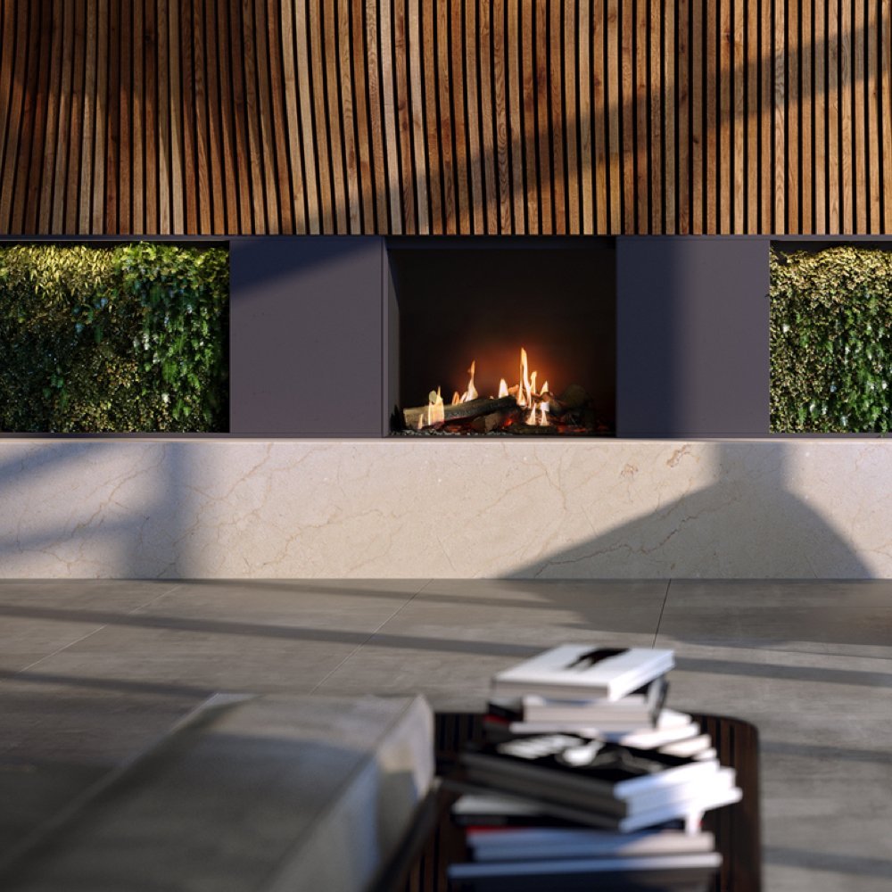 Faber Matrix Hybrid 800/650 I Front ingebouwd in moderne woonkamer met vlammen