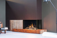 Faber Matrix 1050/650 II Hoek in moderne woonkamer met hoekhaard en vlammen