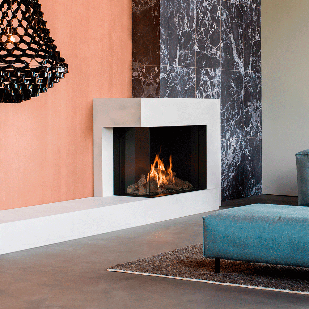 Faber Matrix 800/650 II Hoek in moderne woonkamer met hoekhaard en vlammen