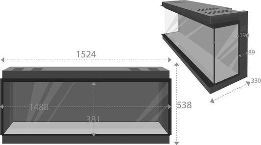 Fair Fires Tru Vizion Pano 1500 haard met afmetingen: 1524x538x330 mm, moderne glazen panelen.